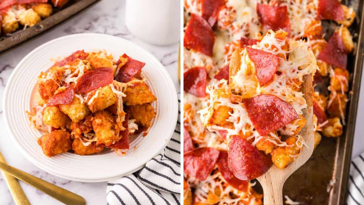 Pepperoni pizza totchos, tater tots topped with pepperoni, cheese and pizza sauce.