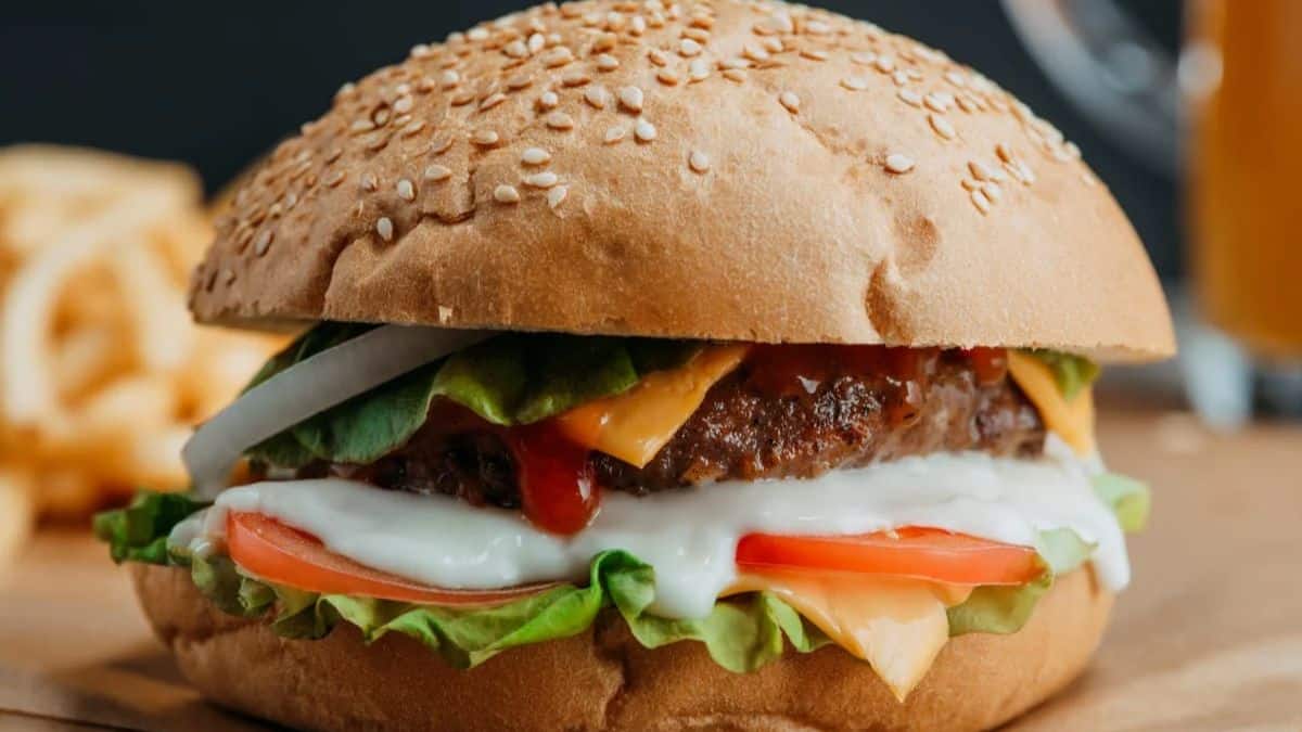 A close-up shot of a burger. 