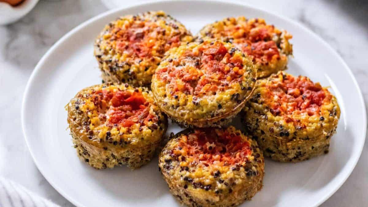 A plate with 6 pieces of Salsa Quinoa Egg Bites.