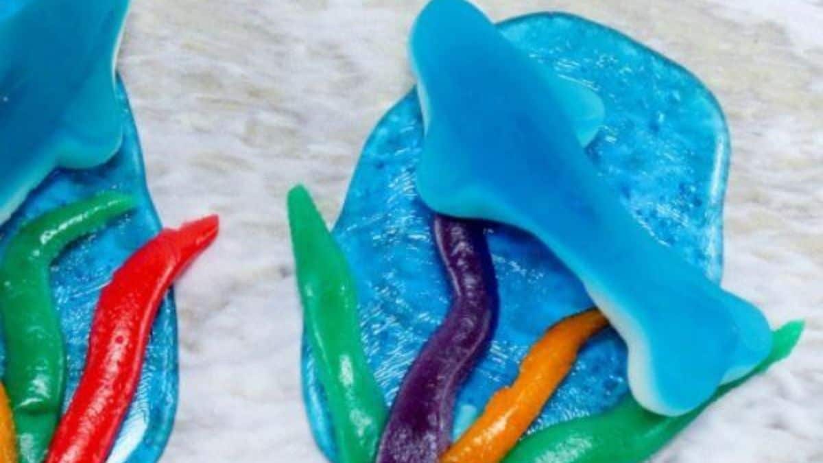 Close-up shot of Shark designed lollipops.