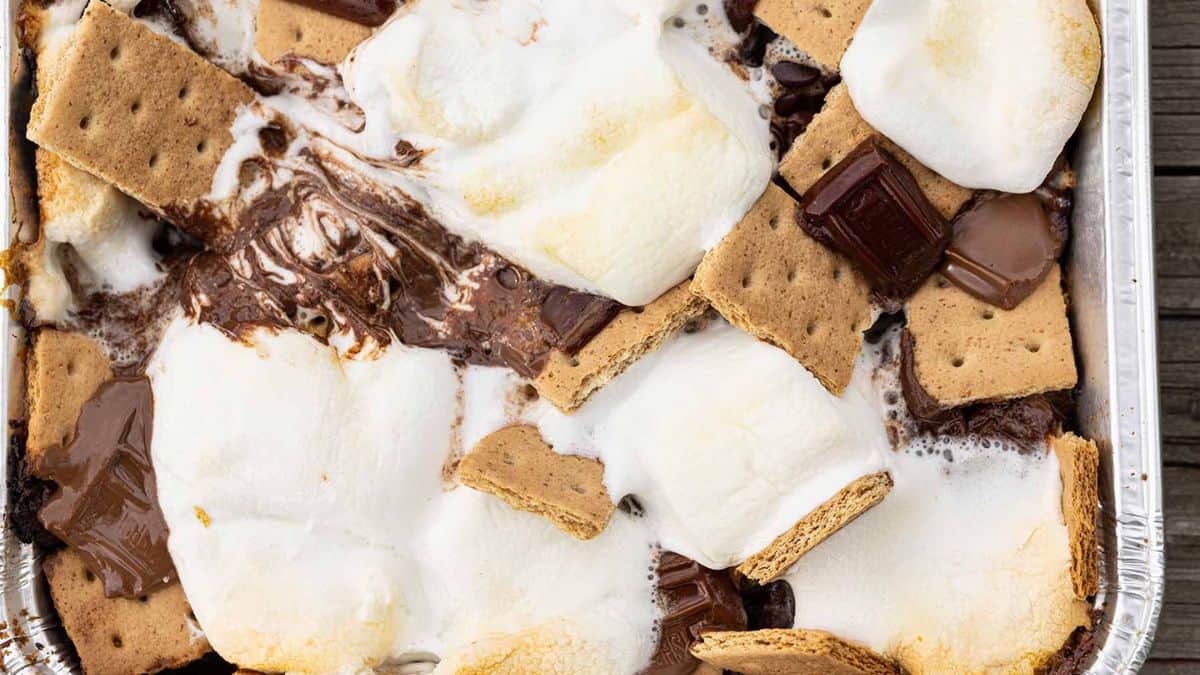 Close-up shot of Smore's in a disposable aluminum tray.