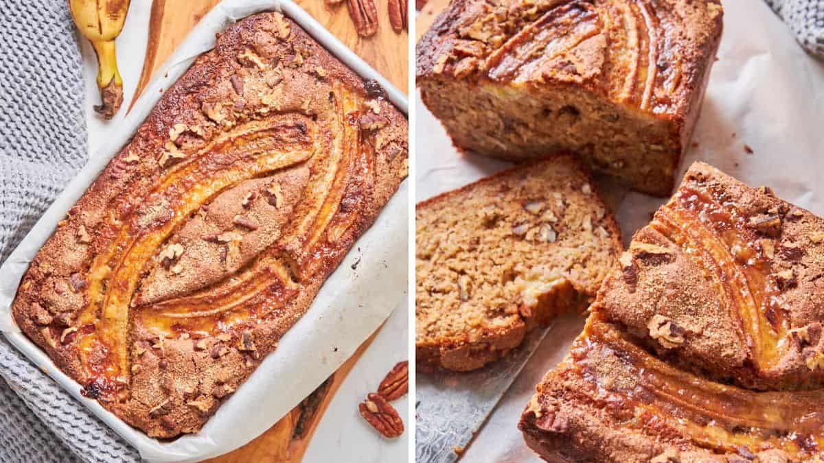 Sourdough banana nut bread loaf on a banana baking tray.