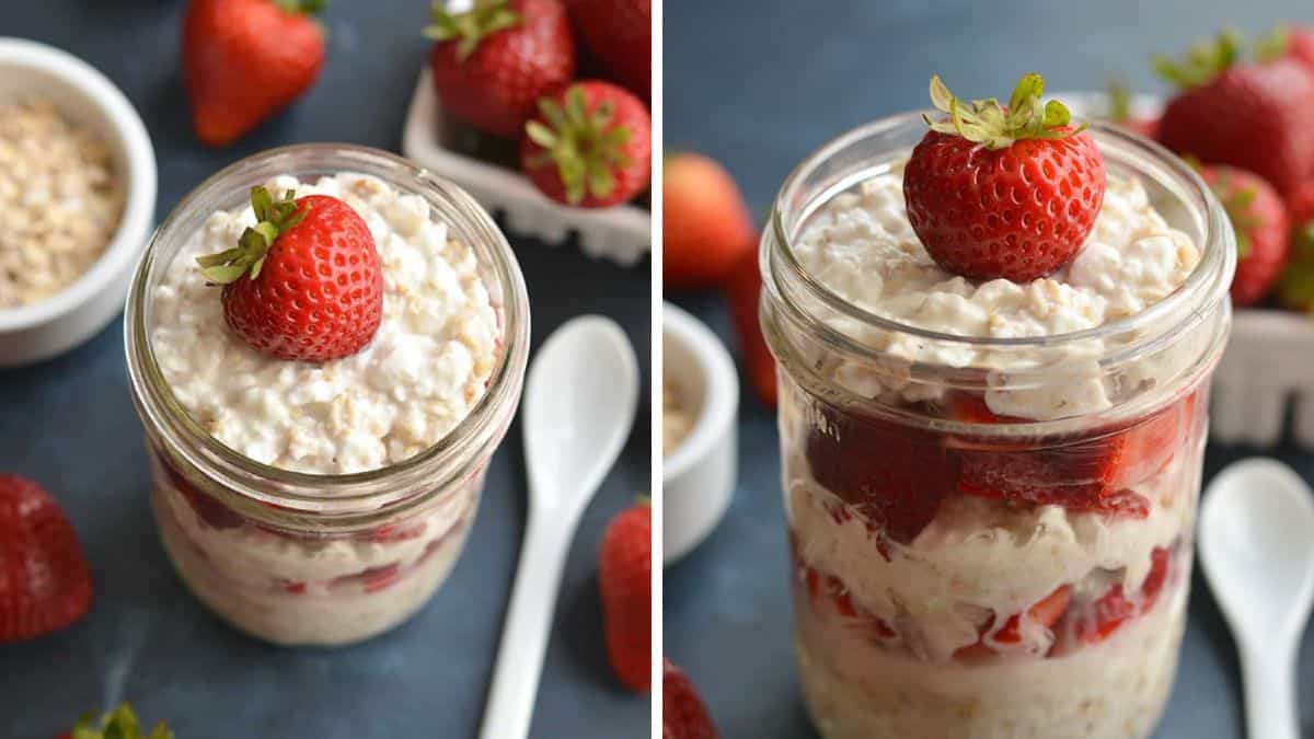 Strawberry cheesecake overnight oats with fresh strawberries and creamy oats.