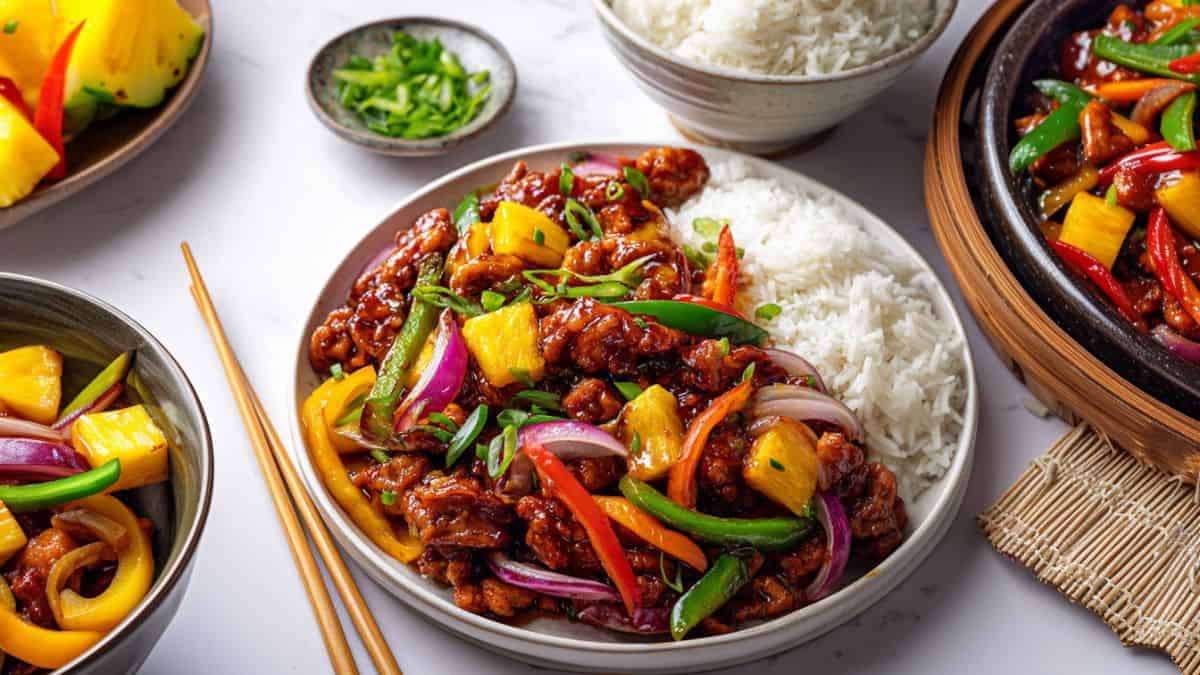 Center: a plate with sweet and sour pork stir fry and rice. sides: sweet and sour pork stir fry in a serving platter, a bowl of rice, chopsticks. 