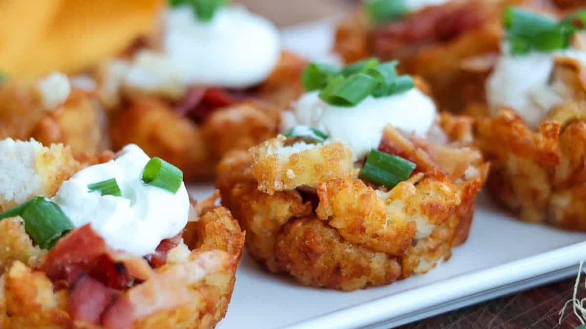 Close-up shot of Tater Tots Cups served on a platter.