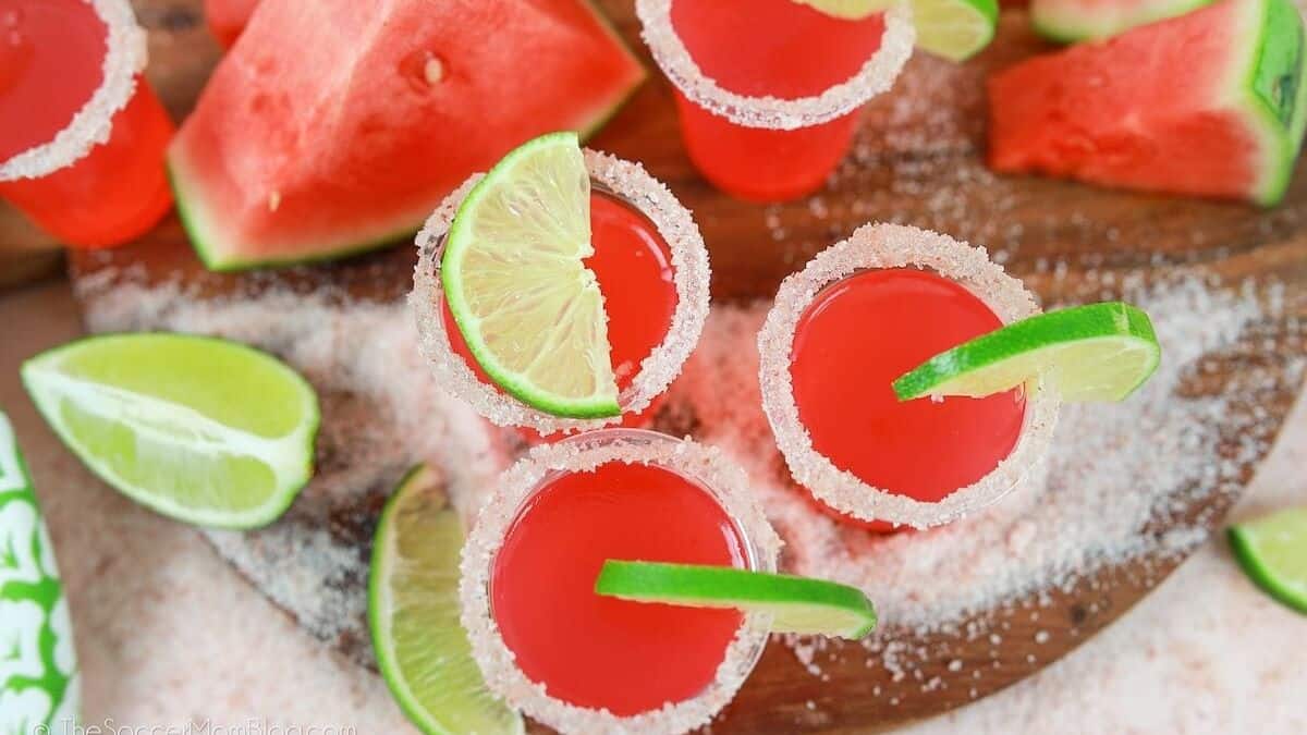 Topshot of 4 jello shots of Watermelon Margarita.