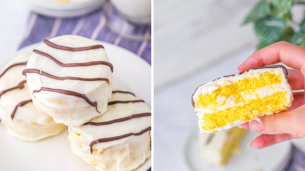 Striped vanilla snack cakes with creamy filling and chocolate drizzle.