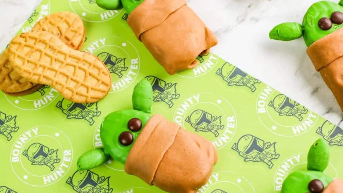 A photo of a couple of pieces of No-Bake Baby Yoda Cookies. 