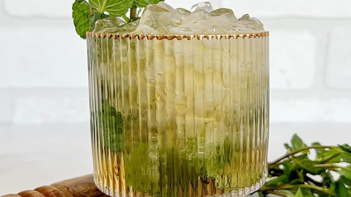 A glass of Non-Alcoholic Mint Julep. 