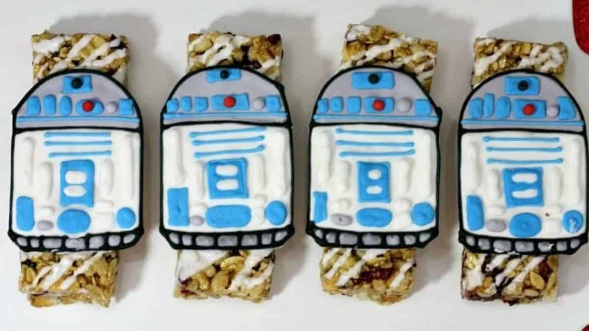 A photo of four pieces of R2D2 designed granola bars. 