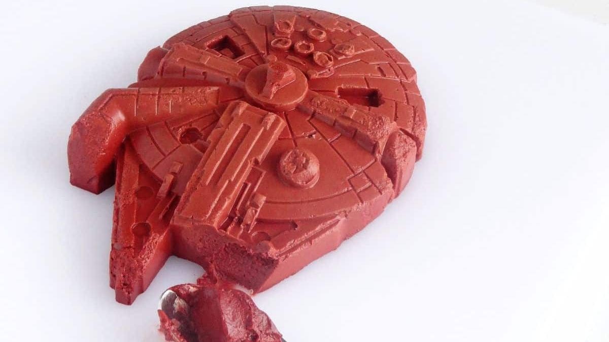 A photo of Red Velvet Mousse designed as Millennium Falcon. 