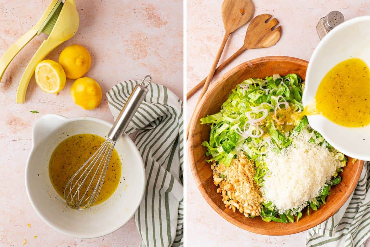 Whisking the dressing together and adding it to the salad. 