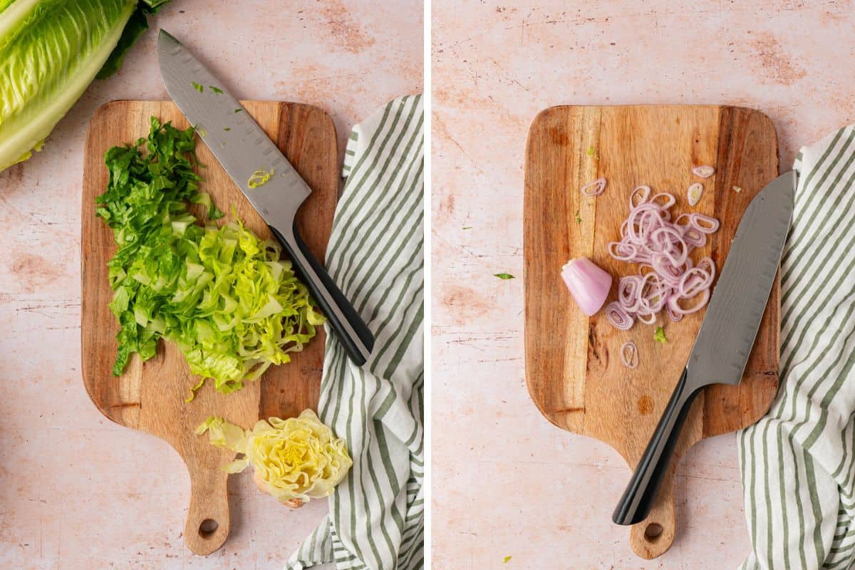 The steps to make the salad- chopping the lettuce and shallot. 
