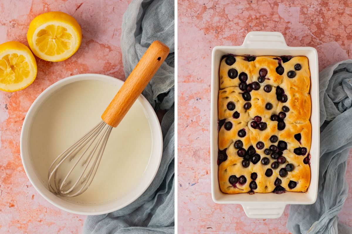 cooked lemon blueberry focaccia and a bowl of lemon glaze