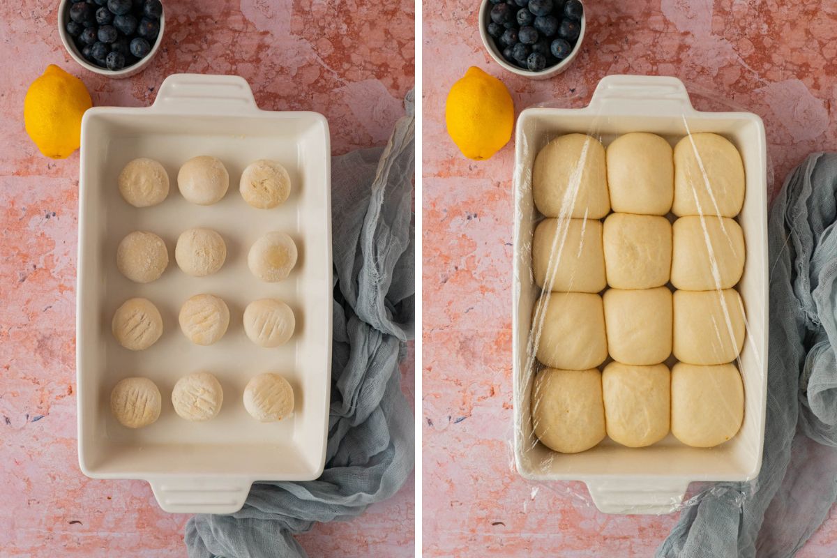 frozen Rhodes dinner rolls on a casserole