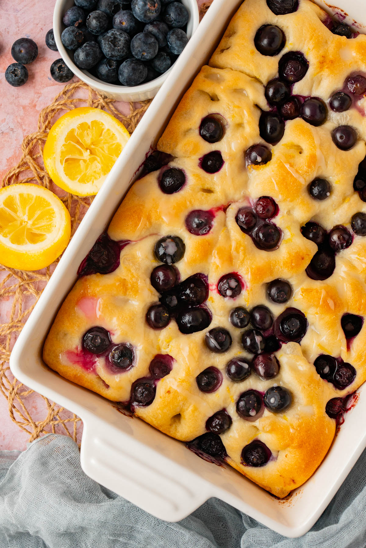 close up lemon blueberry focaccia