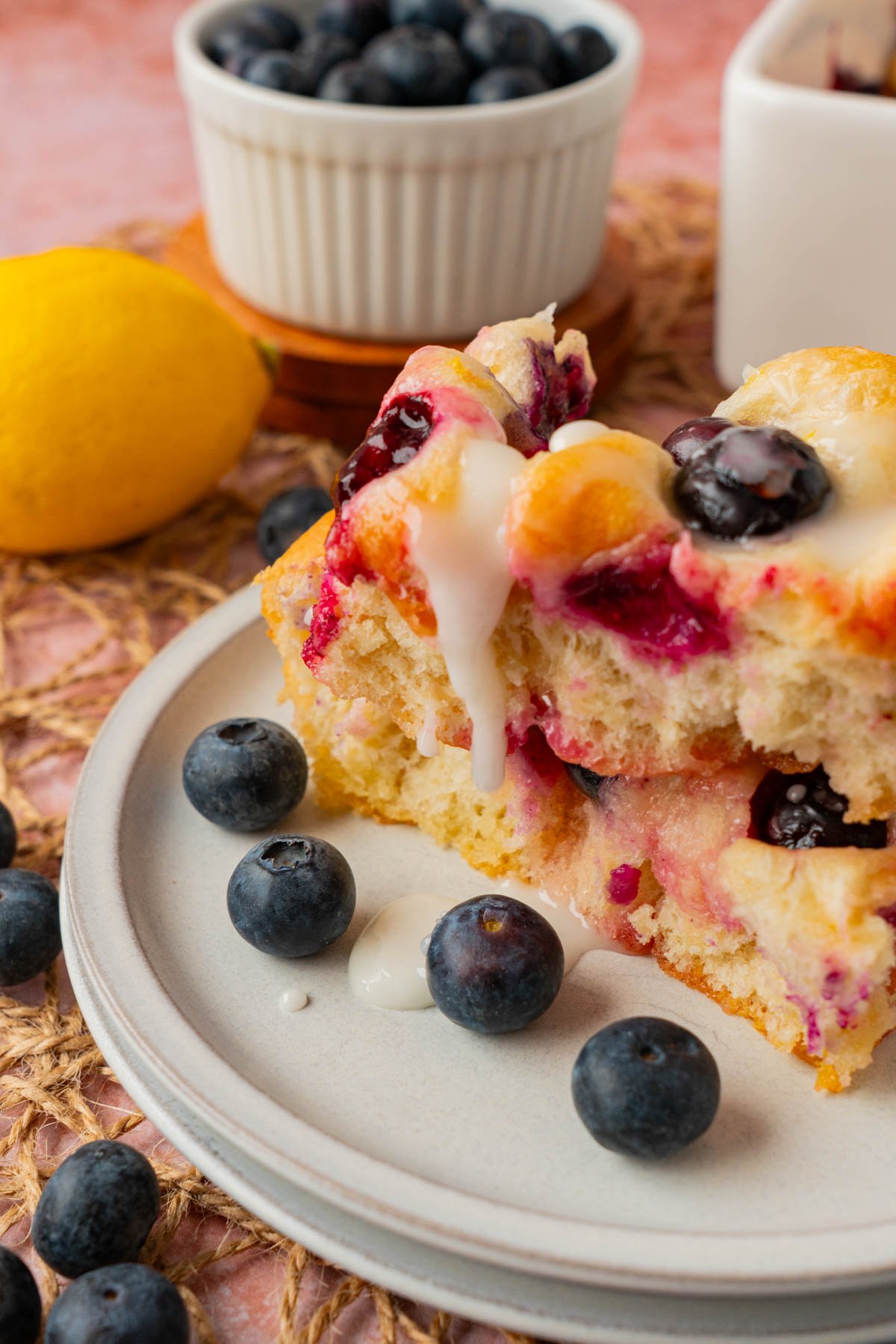 closer look of slice lemon blueberry focaccia