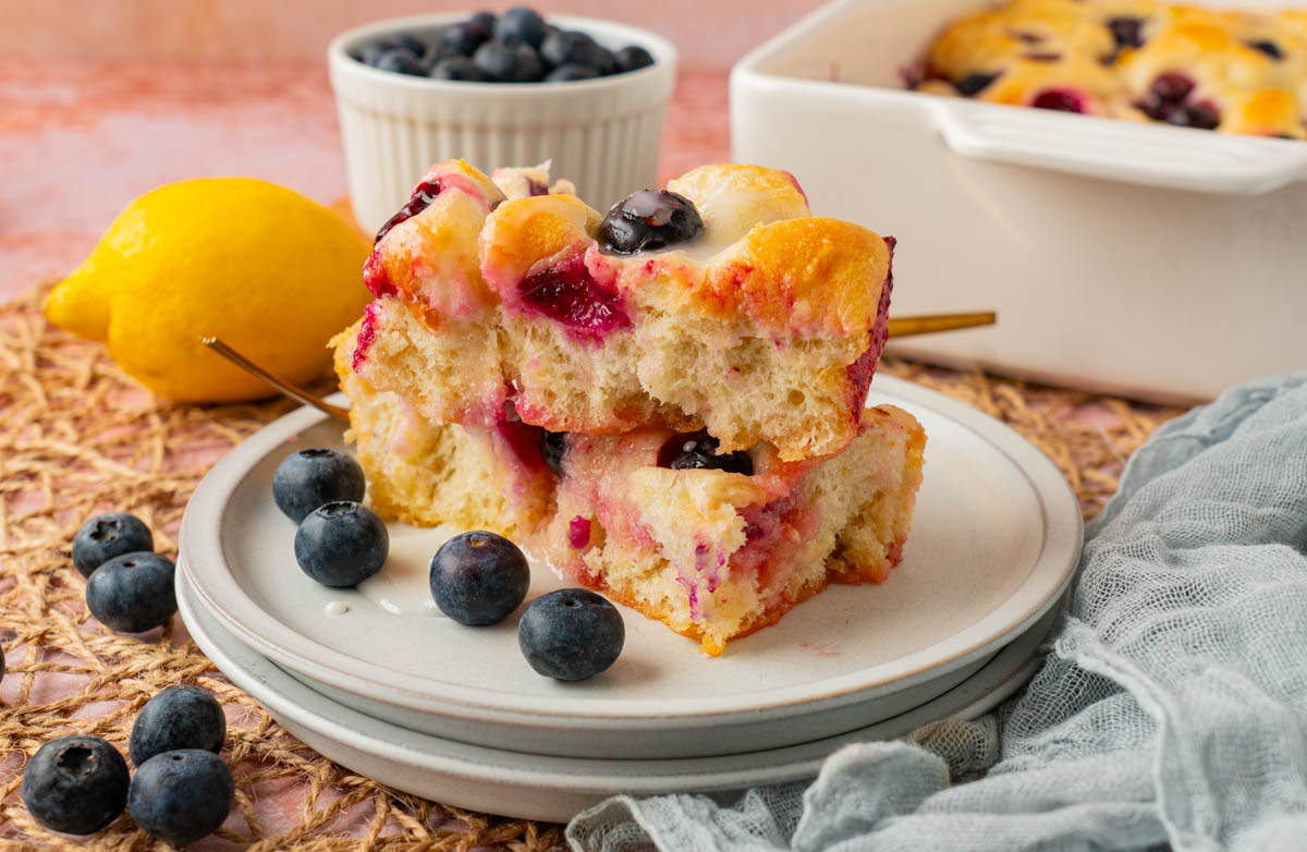 a beautiful serving of lemon blueberry focaccia