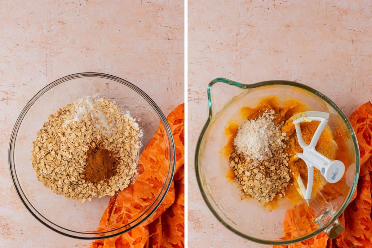 Adding the dry ingredients to a bowl and adding to the wet ingredients.