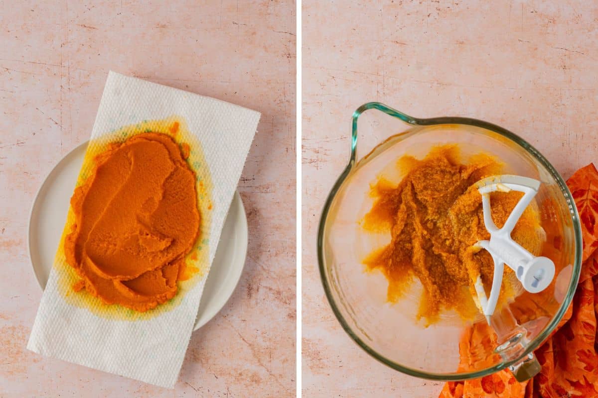 Blotting the pumpkin on paper towels and creaming the butter and sugar together. 