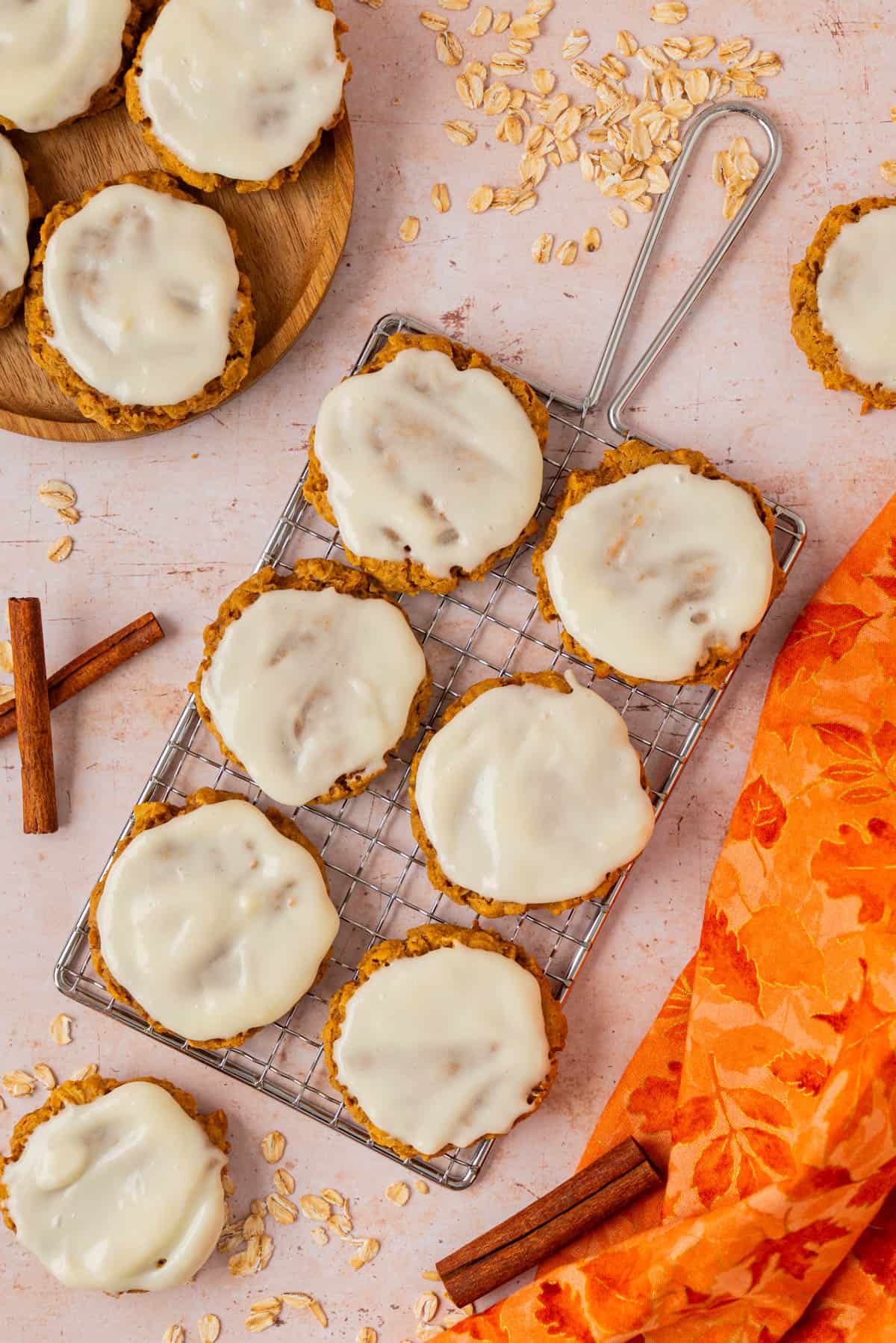 Pumpkin oatmeal cookies on a tray.