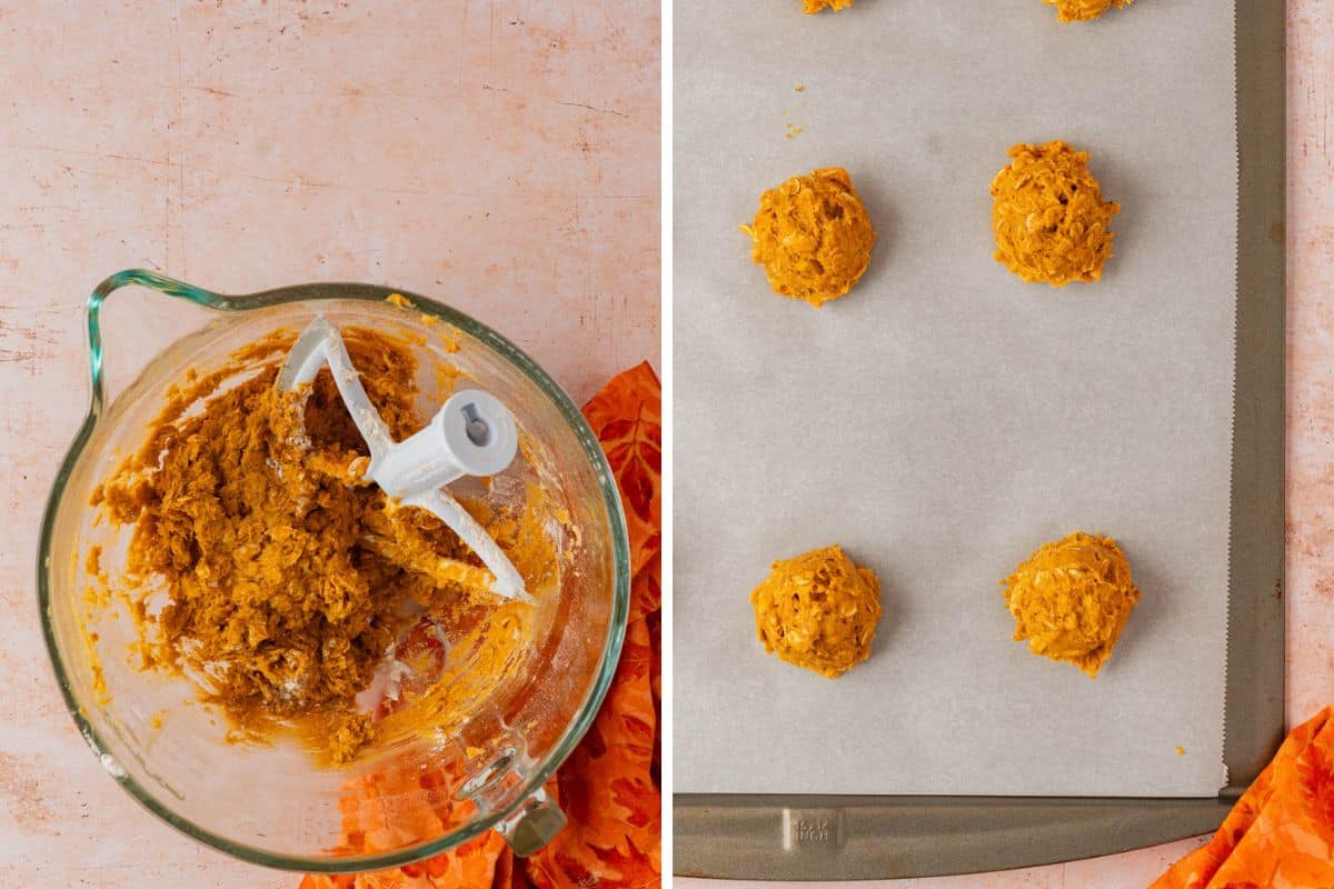 The dough mixed together and placing the dough balls on a cookie sheet. 