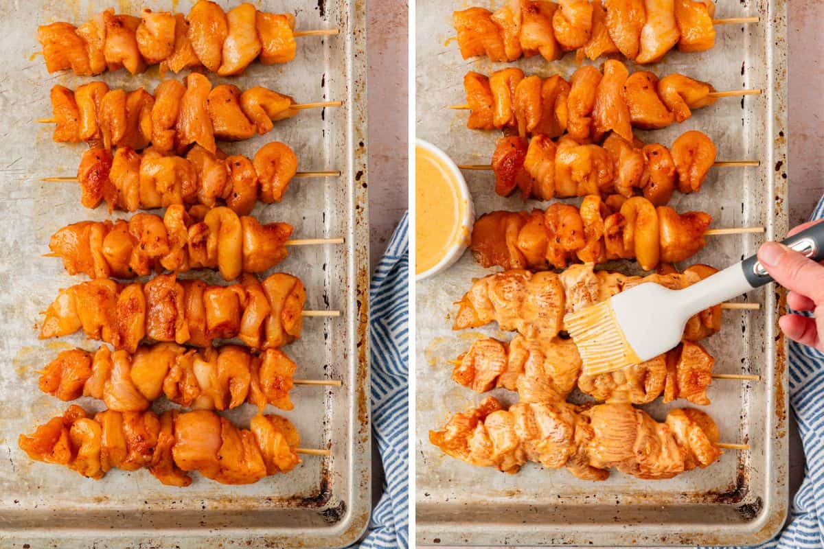 the skewers and brushing the sauce on the skewers.