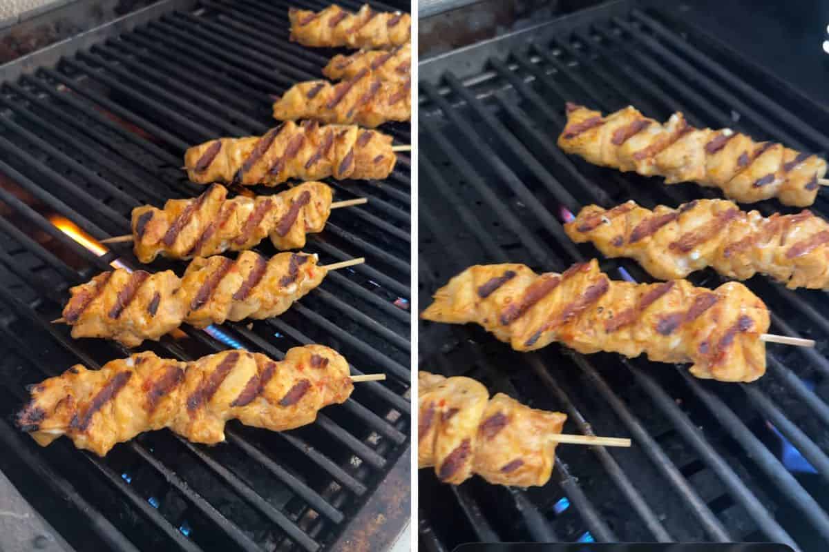 The skewers on the grill.