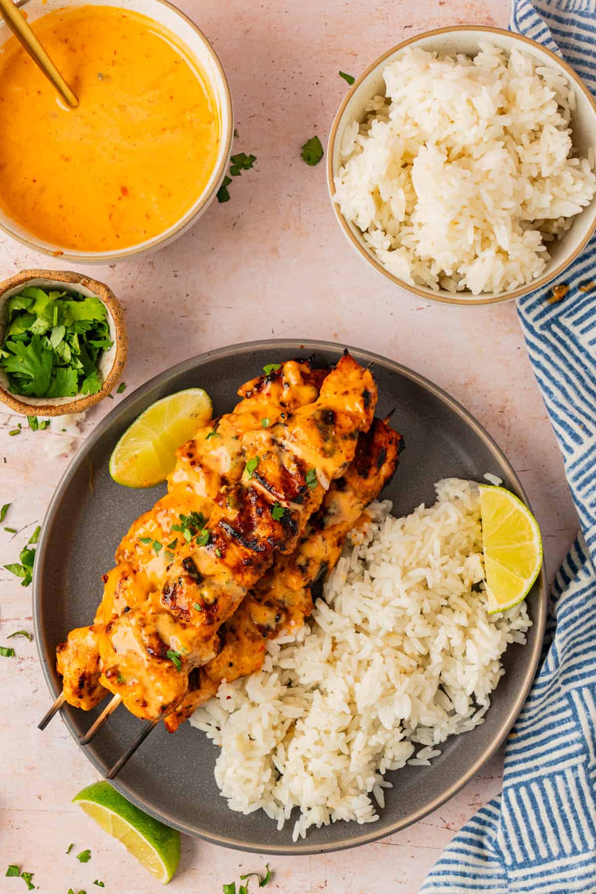 The skewers on a plate with rice for dinner.