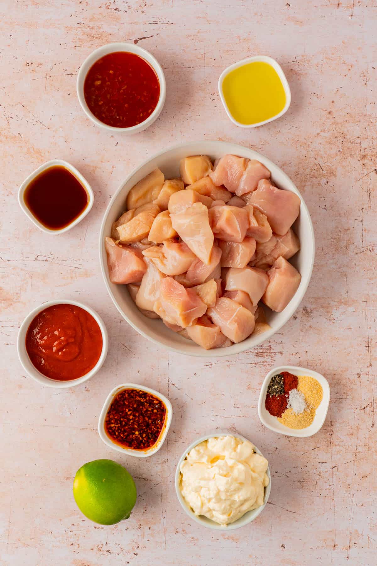 the ingredients needed for bang bang chicken skewers.