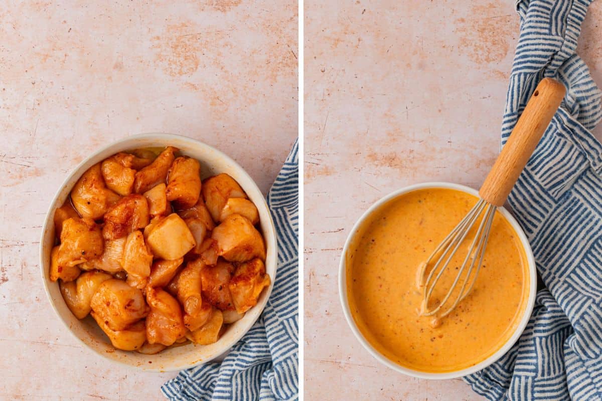 The chicken cubed and seasoned and the bang bang sauce made in a bowl. 
