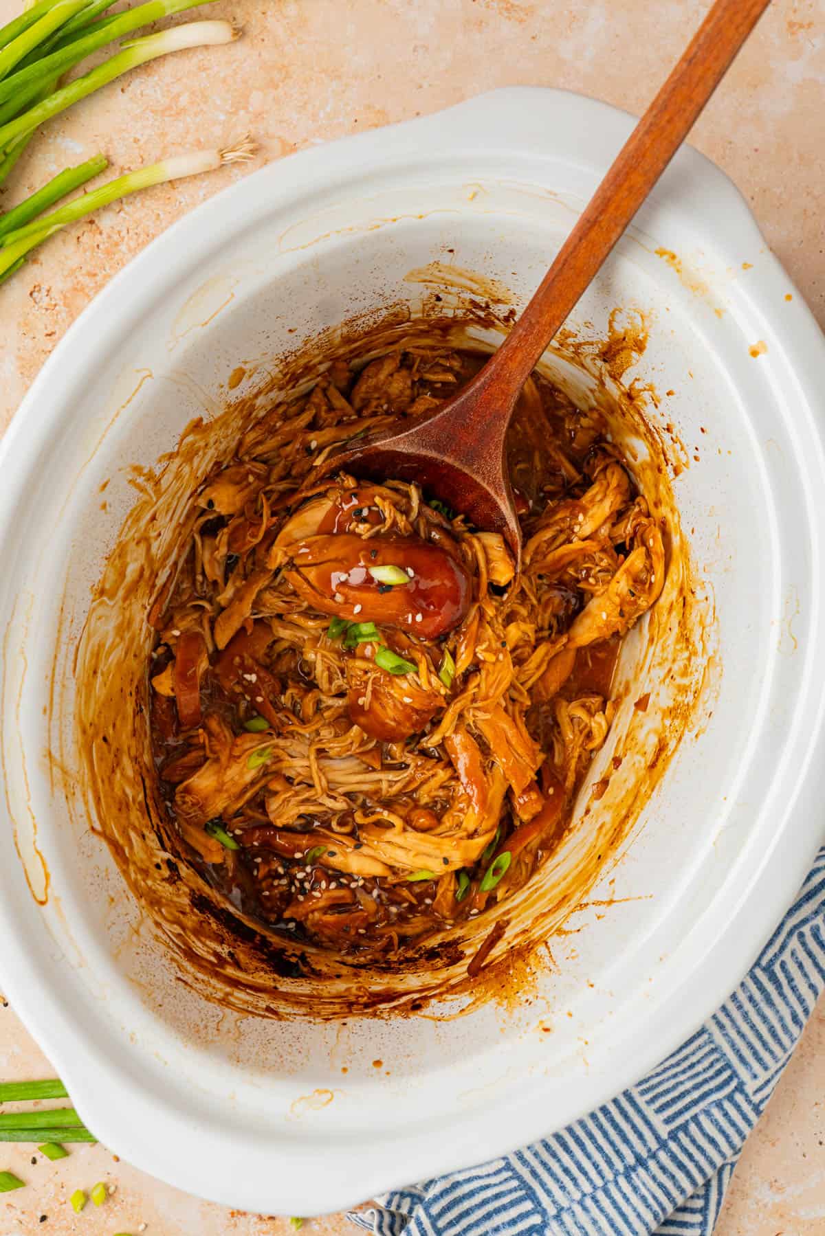 The honey garlic chicken cooked in a crockpot.