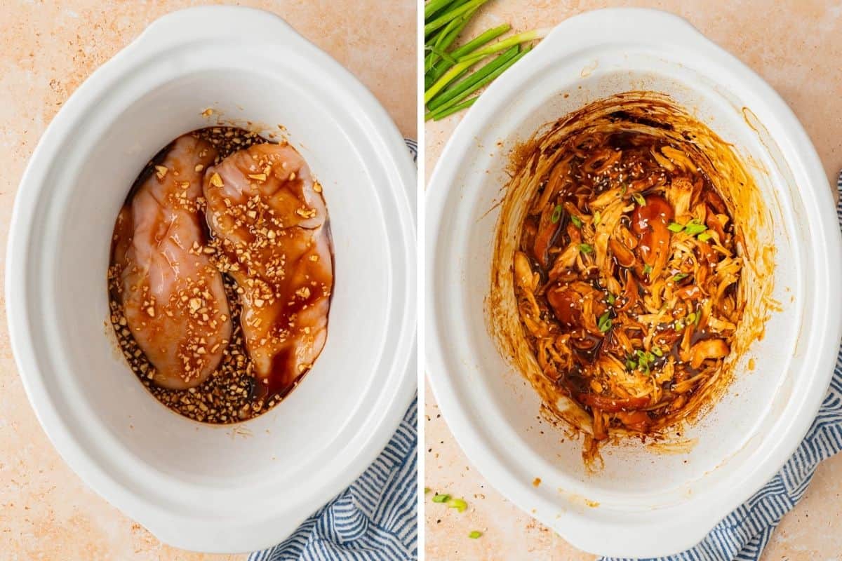 The sauce added to the crockpot and the chicken shredded after cooked.