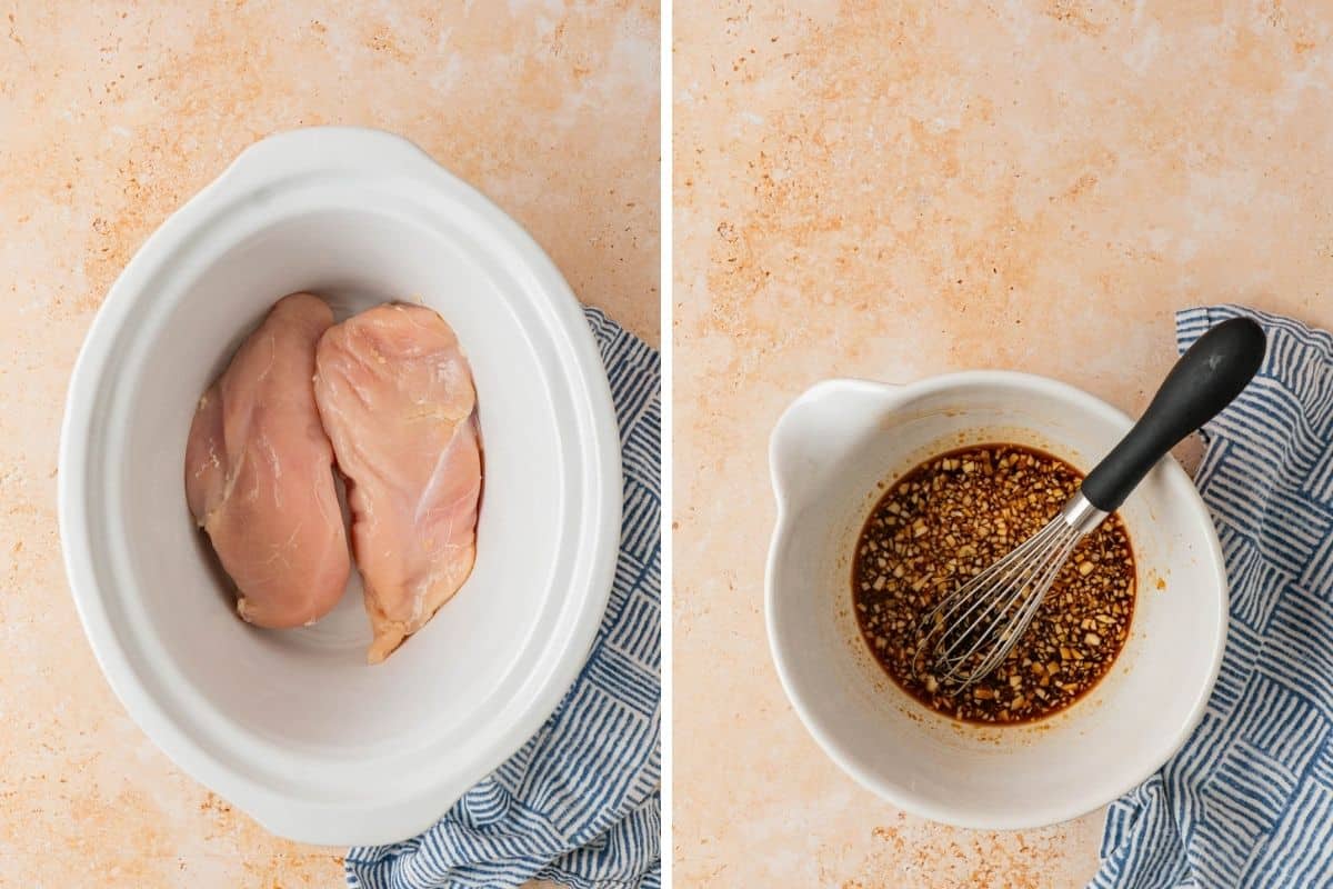 Placing the chicken in the crockpot and making the honey garlic sauce. 