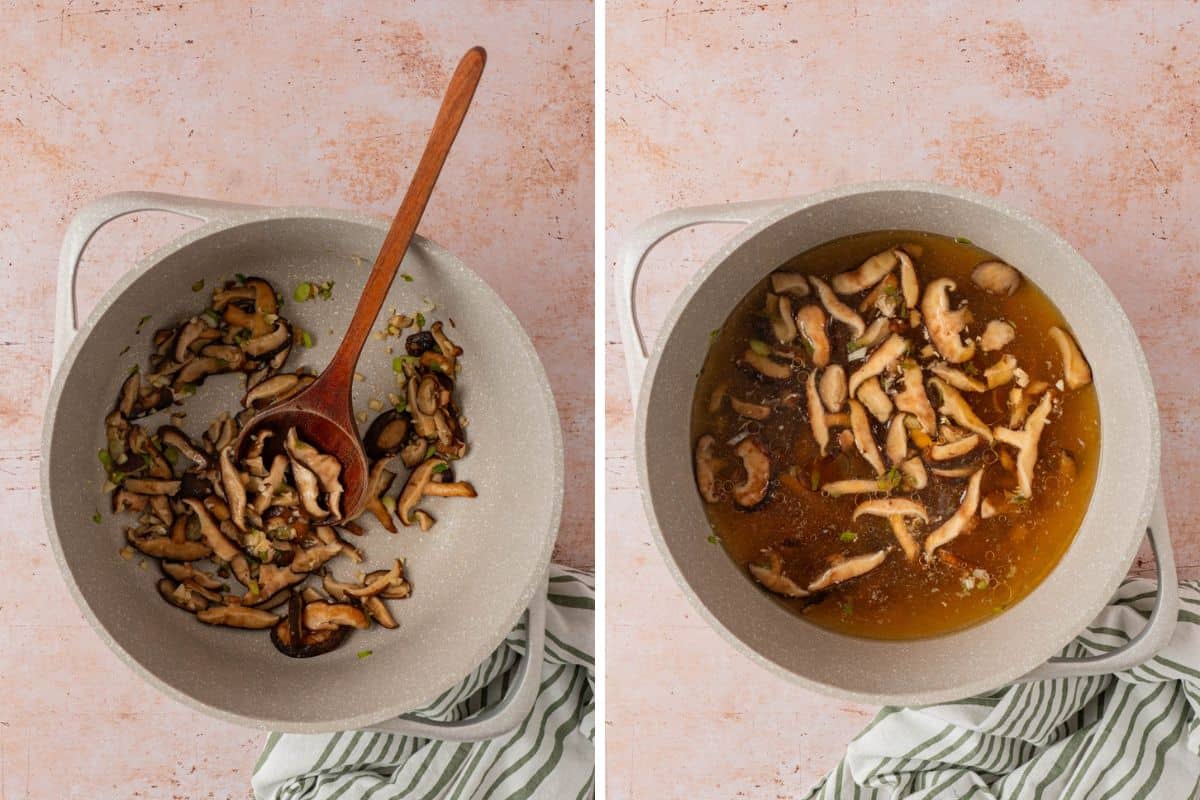 Two-photo collage: left, sliced shiitake mushrooms and green onions sautéing in a pot with a wooden spoon; right, broth added to the pot with the mushrooms simmering in it.