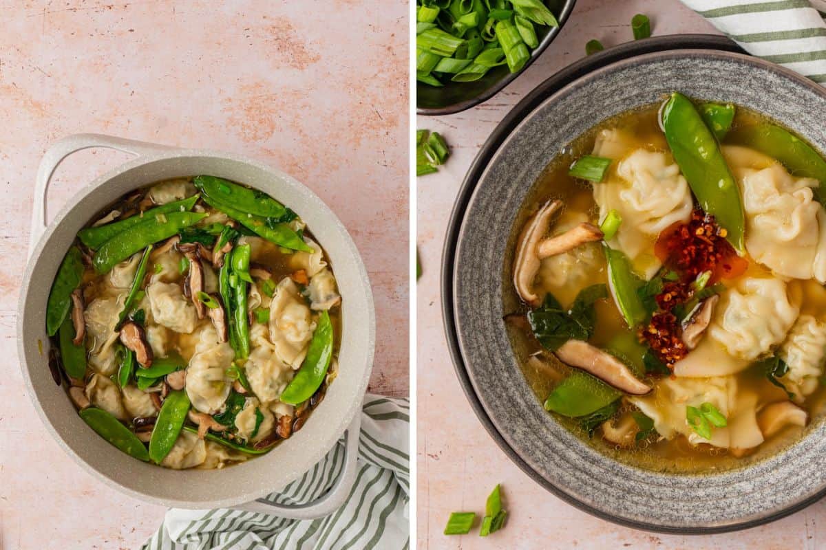 Two-photo collage: left, the finished potsticker soup with mushrooms, snow peas and wilted greens in the pot; right, a bowl of the soup garnished with chili crisp and sliced green onions.