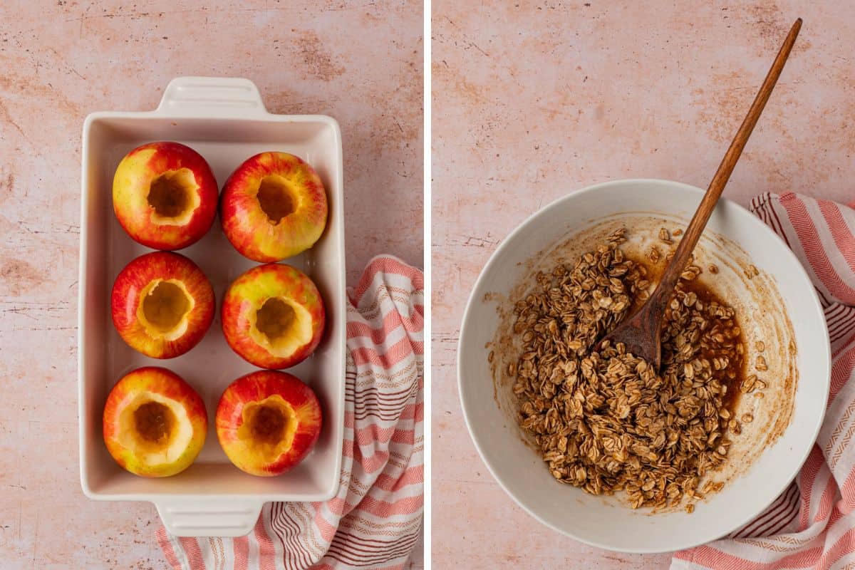 Hollowed Honeycrisp apples in a baking dish next to a bowl of cinnamon oat filling being stirred