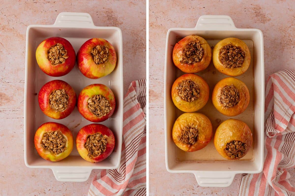 Baked apples before and after baking in a white dish