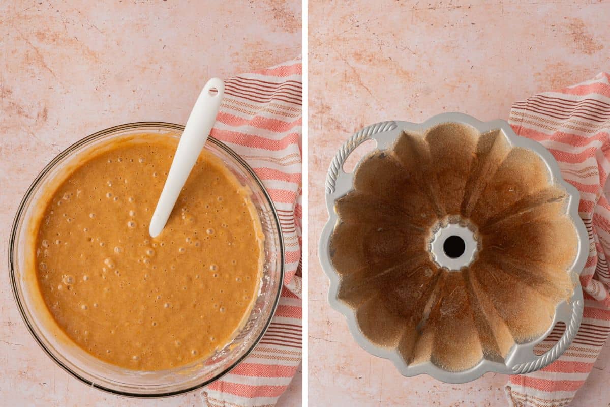 Apple cider donut cake batter in a glass bowl next to a Bundt pan greased and dusted with cinnamon sugar