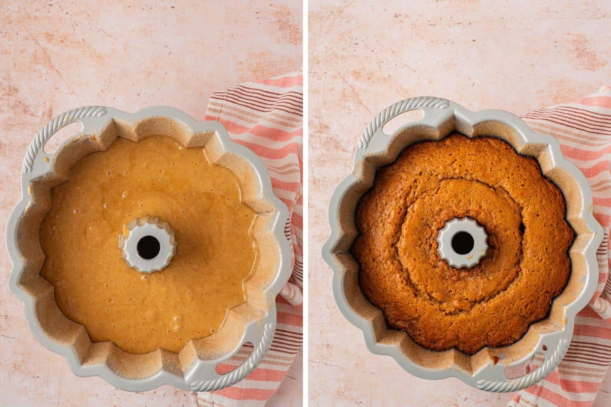 Apple cider donut bundt cake batter in a cinnamon sugar coated pan next to the golden baked cake in the pan