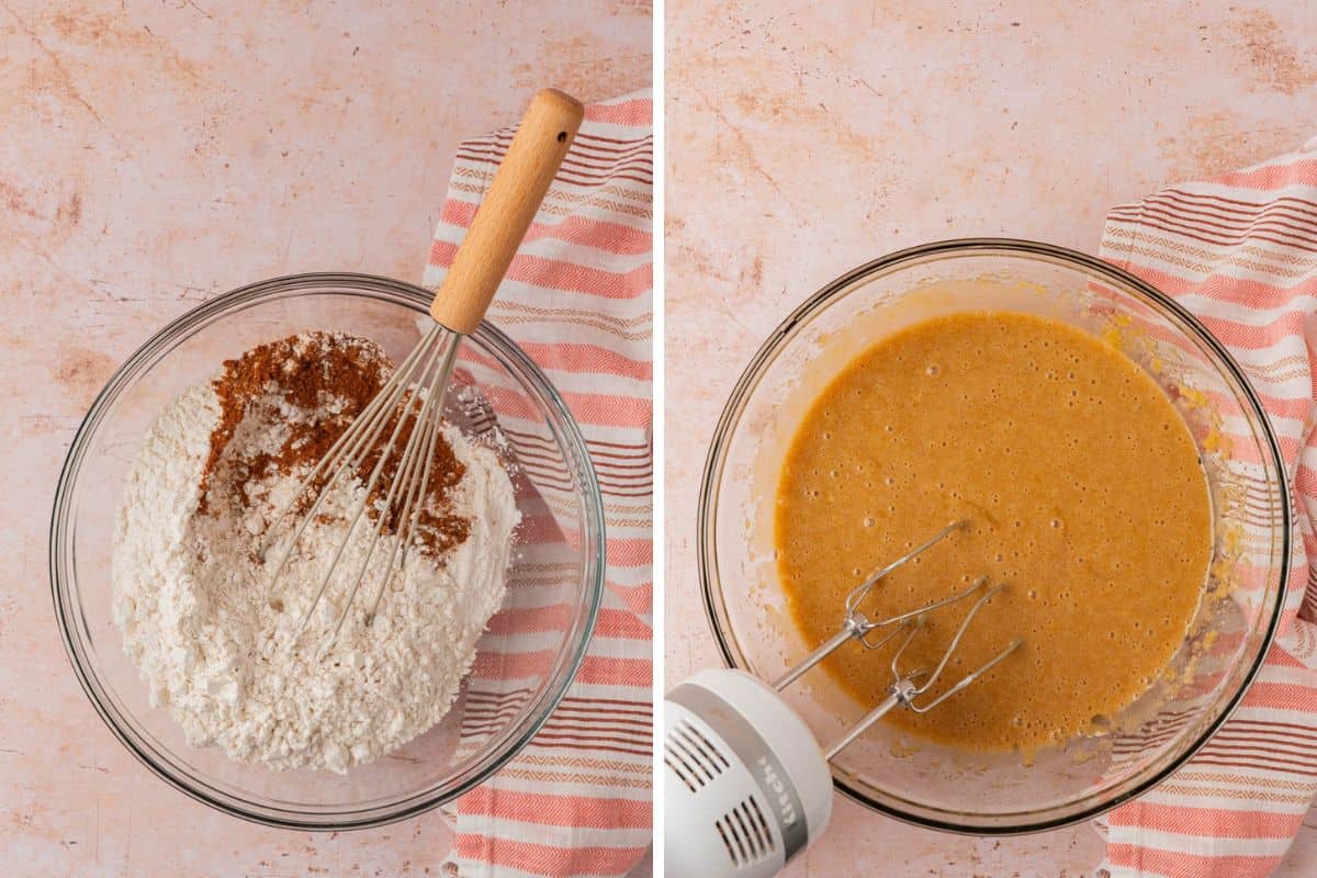 Flour and spices whisked in a glass bowl next to the wet ingredients for apple cider donut cake mixed with a hand mixer