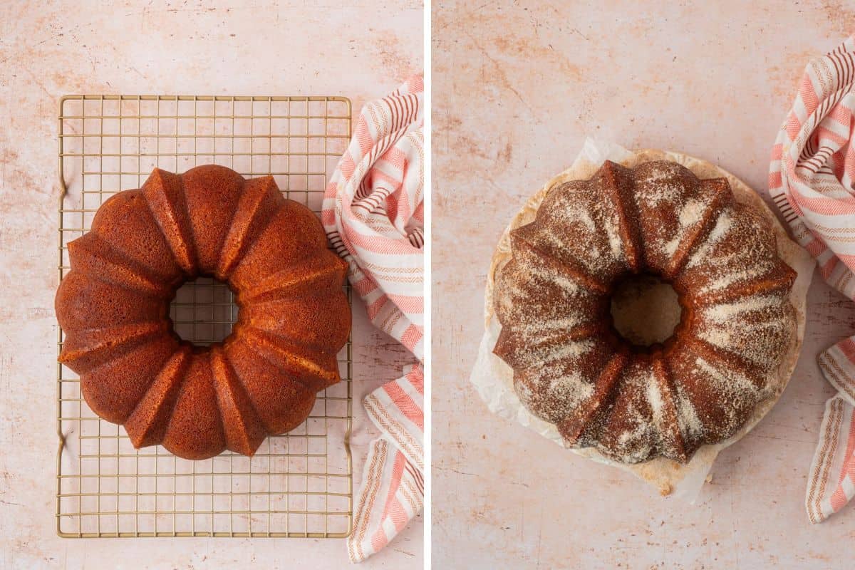 Easy apple cider donut cake cooling on a wire rack next to the finished cake coated in cinnamon sugar