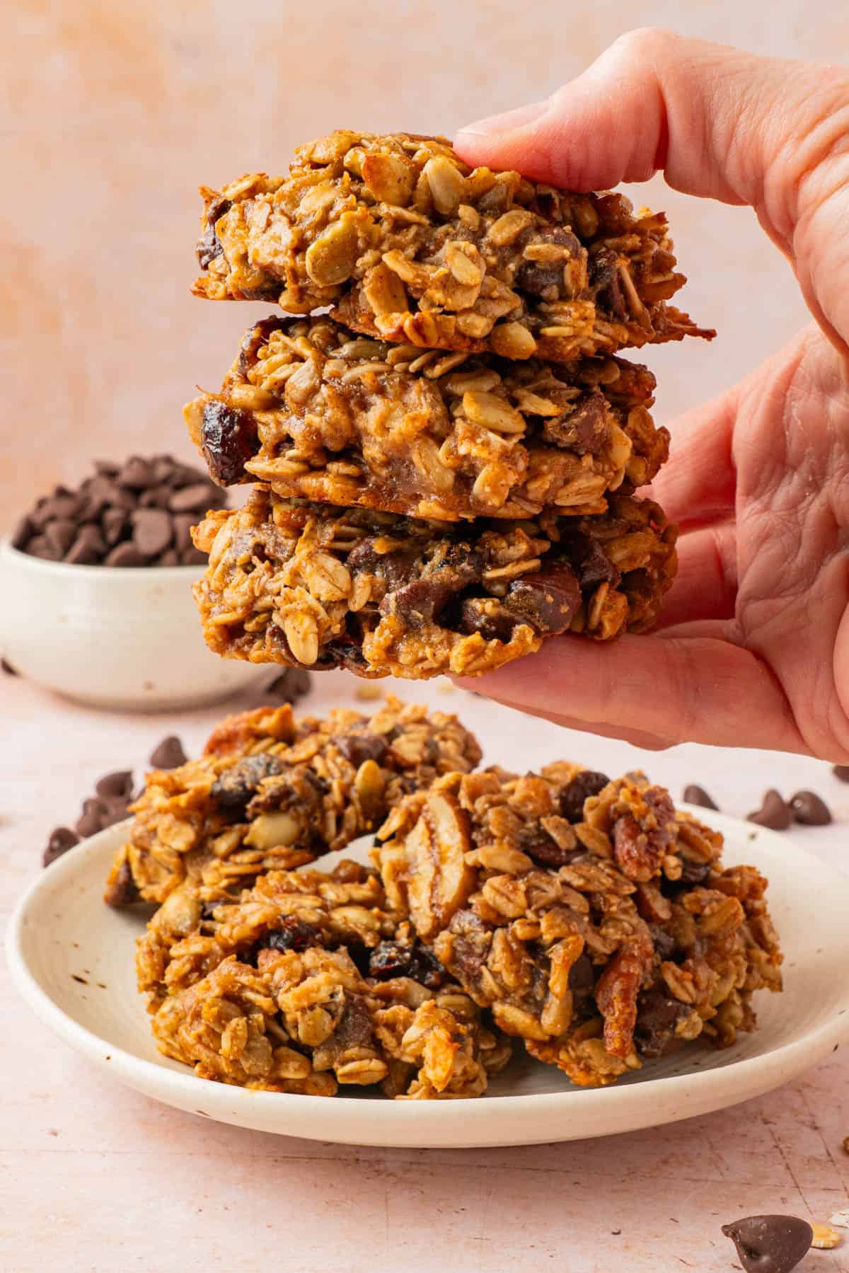 Hand holding a broken oatmeal raisin breakfast cookie above a plate of healthy breakfast cookies with a bowl of chocolate chips in the background