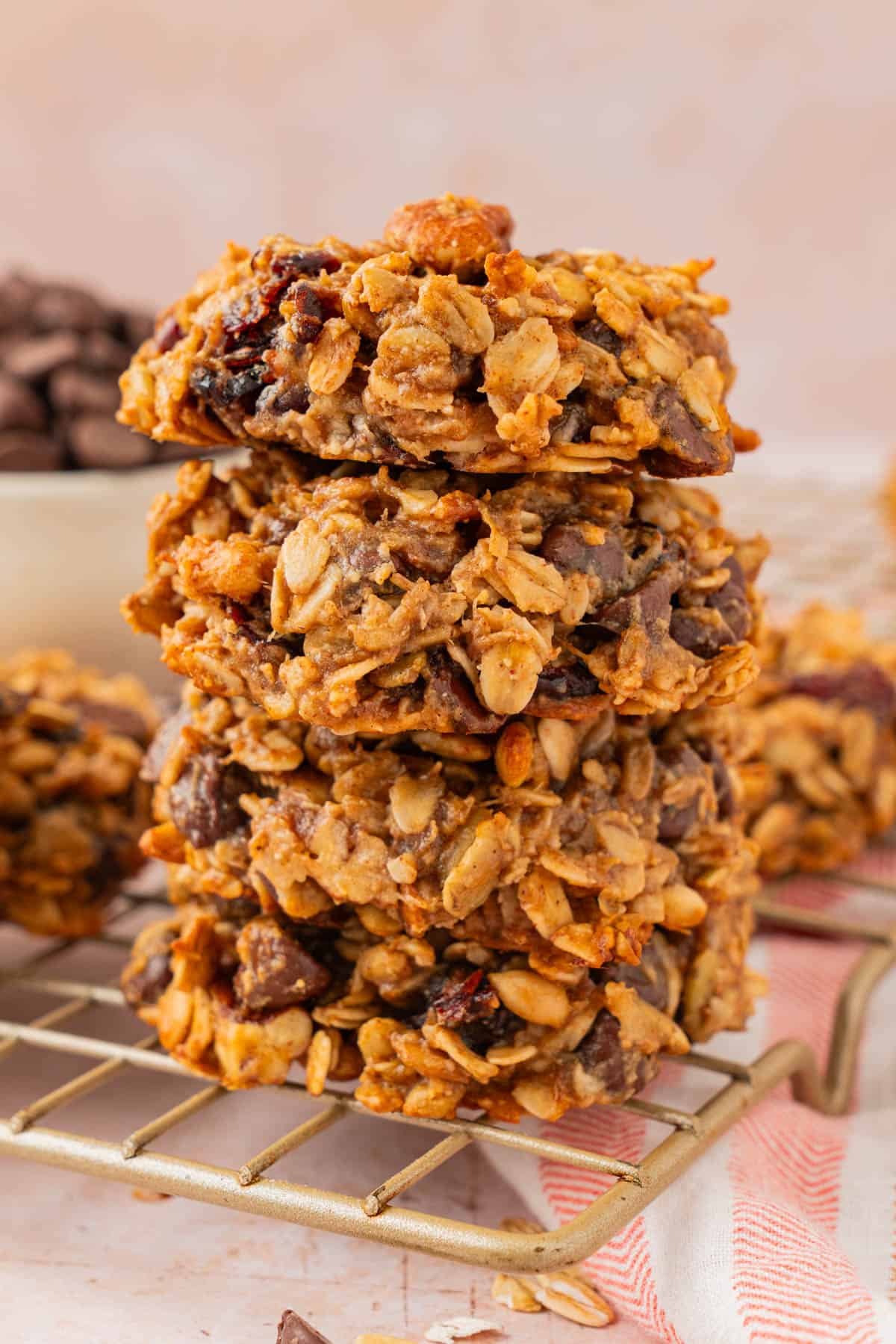 A stack of breakfast cookies with oats, seeds and nuts. 