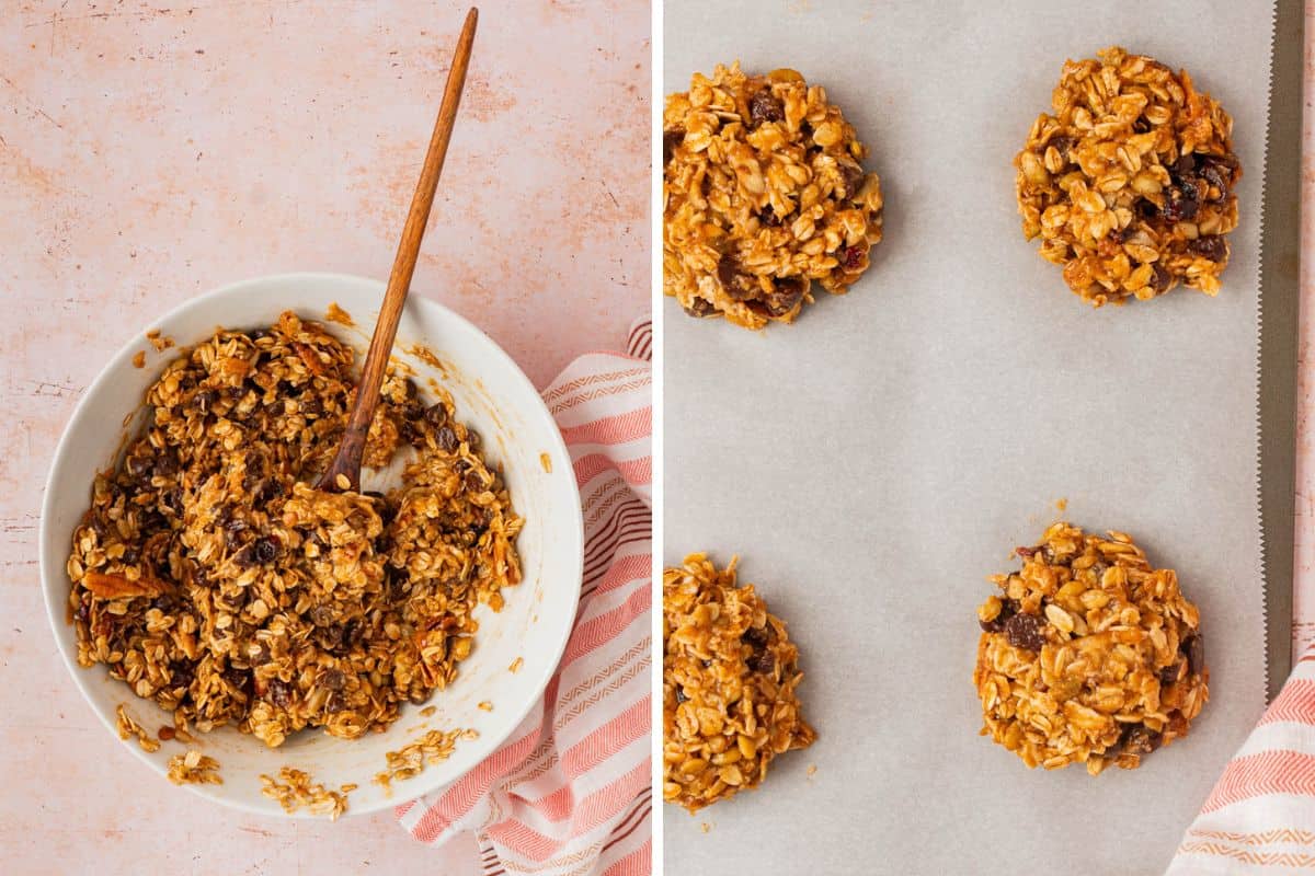 Process photo showing breakfast cookie dough mixed in a bowl next to scooped cookie mounds on a parchment-lined baking sheet before baking