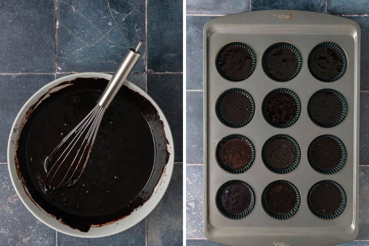 Dark black cupcake batter in a mixing bowl, and a muffin pan filled with lined cupcakes ready to bake.