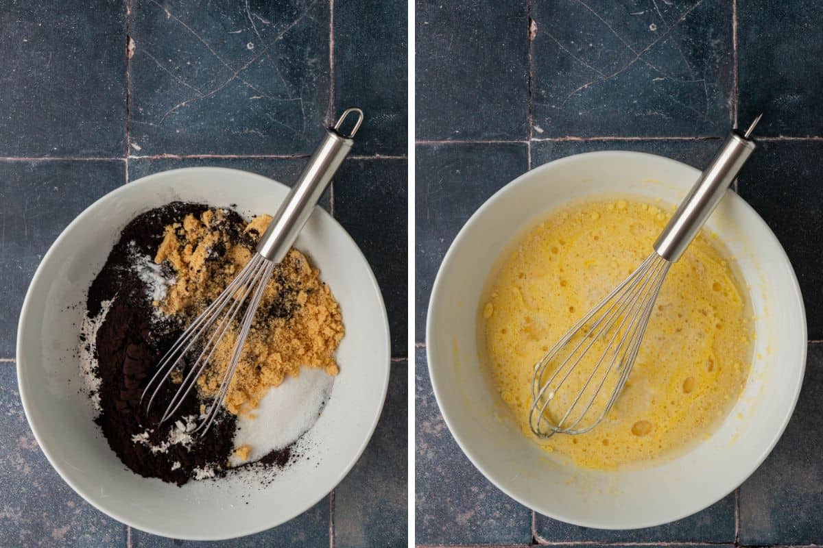 Black cocoa powder, sugars, and flour in a mixing bowl next to whisked eggs, oil, and milk for black velvet cupcakes.