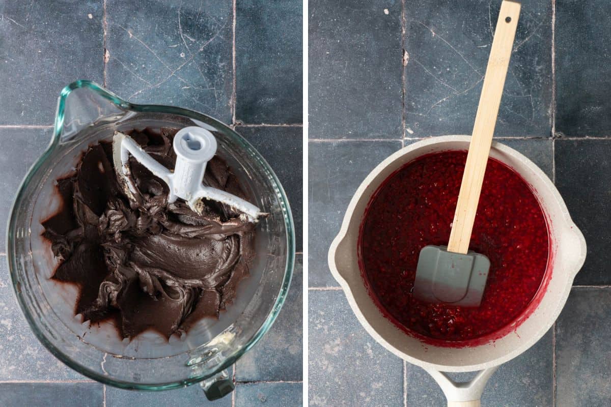 Black chocolate buttercream in a stand mixer bowl, and raspberry "blood" filling cooking in a saucepan.