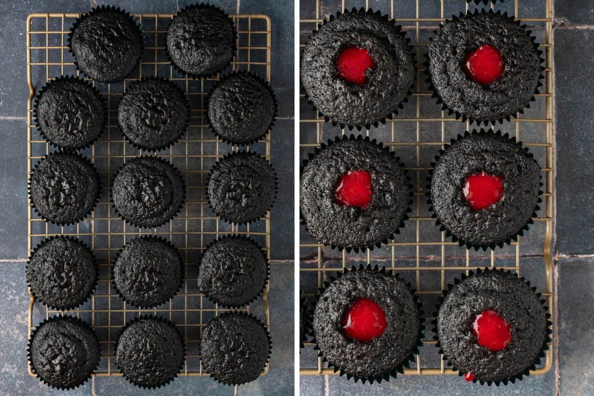 Moist black velvet cupcakes cooling on a wire rack, and cored cupcakes filled with red raspberry filling.