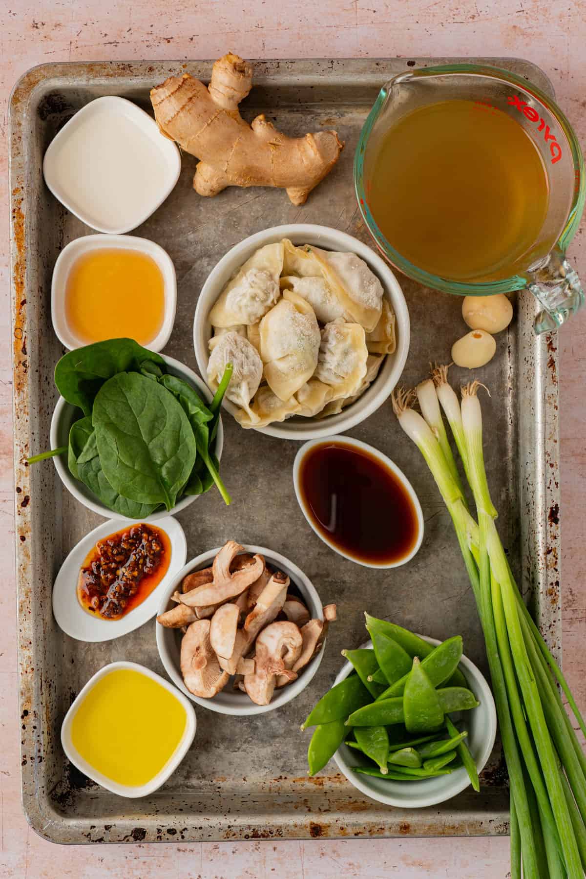 Ingredients needed to make potsticker soup with mushroom.